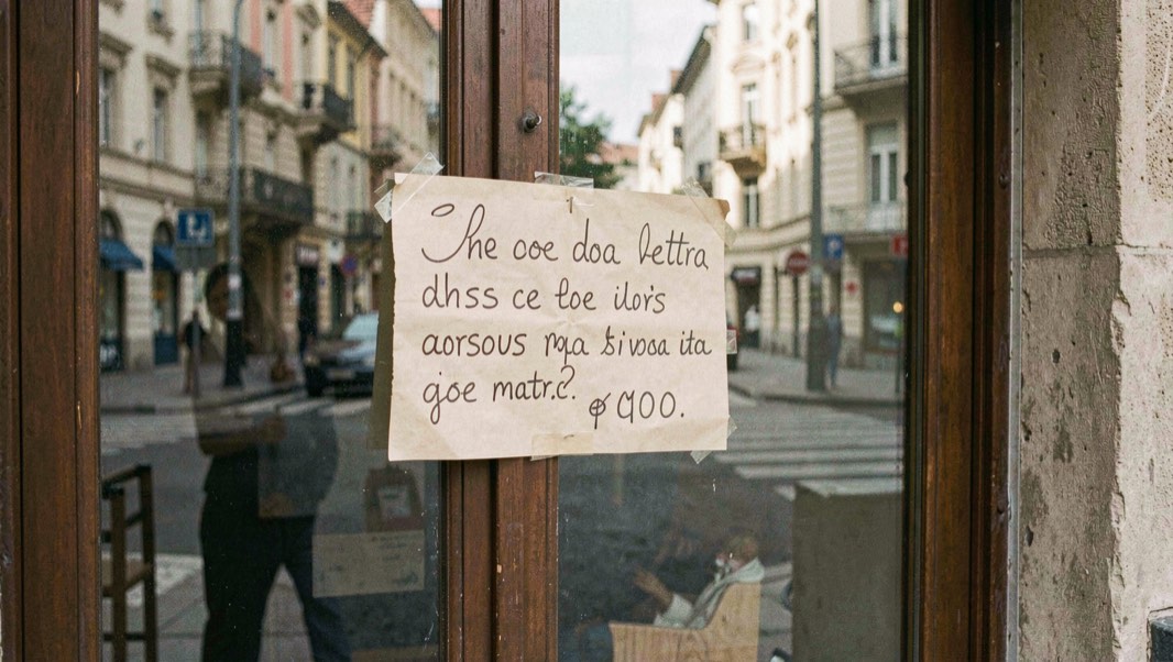 Cartello di vendita scritto a mano appeso dietro il vetro di un portone di un palazzo di città, con la strada riflessa sul vetro