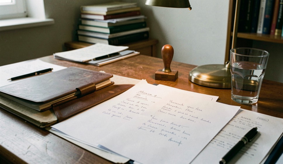 Scrivania di uno studio con una cartellina rigida, un timbro, alcuni fogli firmati e un bicchiere d'acqua accanto al bordo della lampada