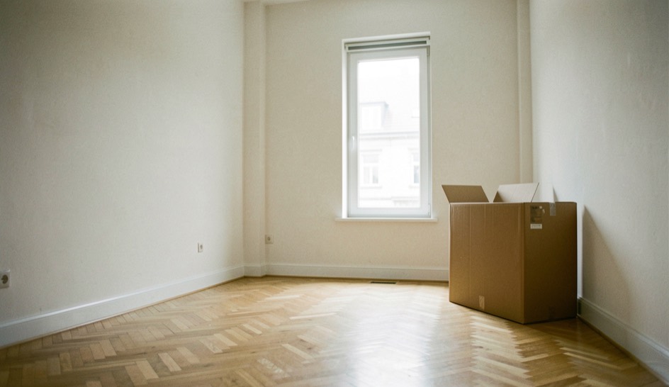 Soggiorno luminoso di un appartamento vuoto con parquet chiaro, una finestra alta e una scatola di cartone appoggiata al muro